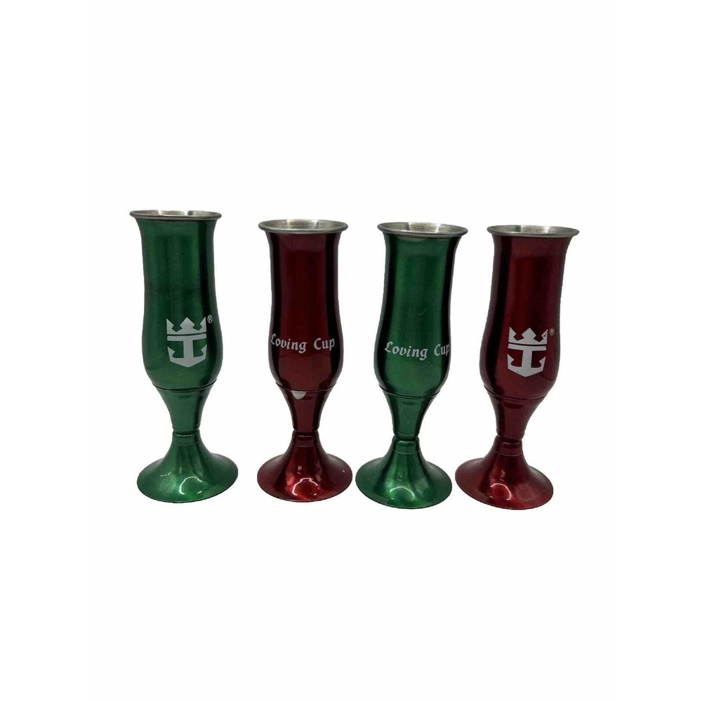 Vintage Shot Glasses Royal Caribbean Aluminum (4) Rd/Gn (loving Cup) 41/2” Tall